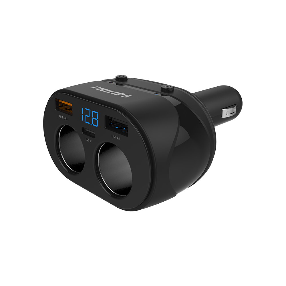 飛利浦PD 20W電壓顯示一轉二雙USB車充充電器DLP3521NC